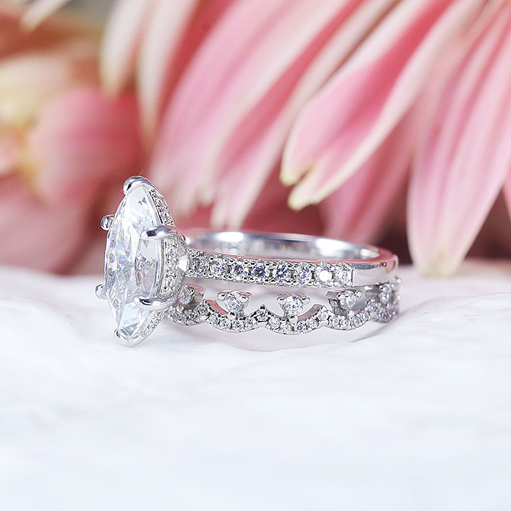 Vintage 2pcs Marquise Cut Sterling Silver Ring Set with Lace Band