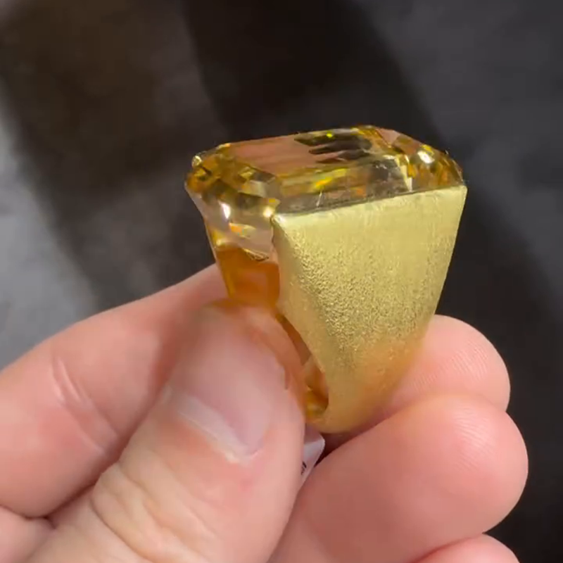 Handmade 25ct Emerald Cut Yellow Sapphire Yellow Gold Sand-Blasted Men's Ring