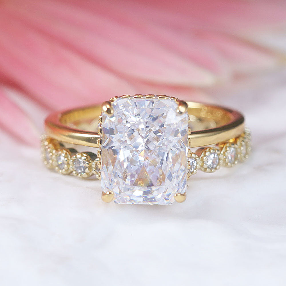 2 Pcs Radiant Cut With Hidden Halo Design Sterling Silver Ring Set