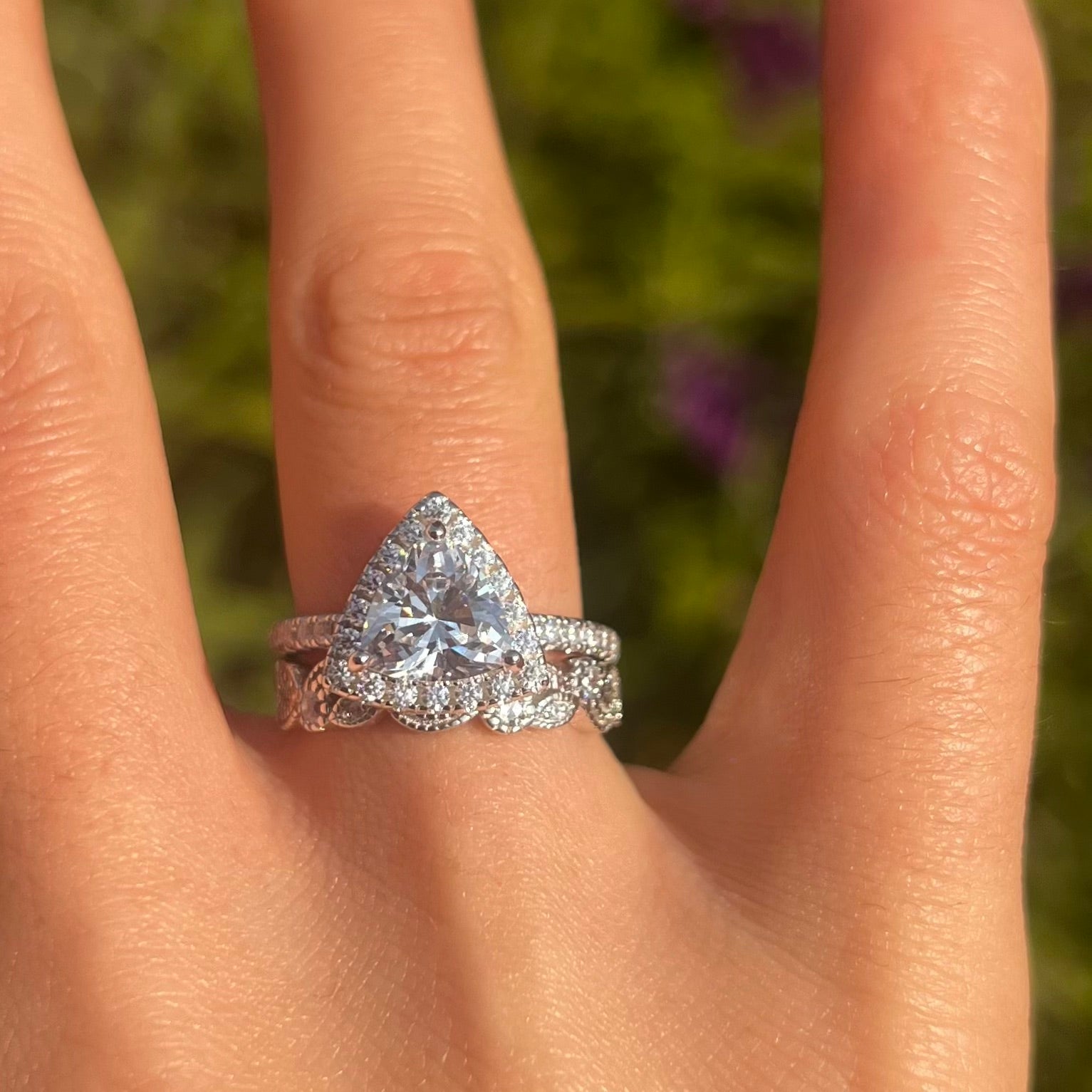 Unique 2 Pcs Triangle Shape Sterling Silver Bridal Set