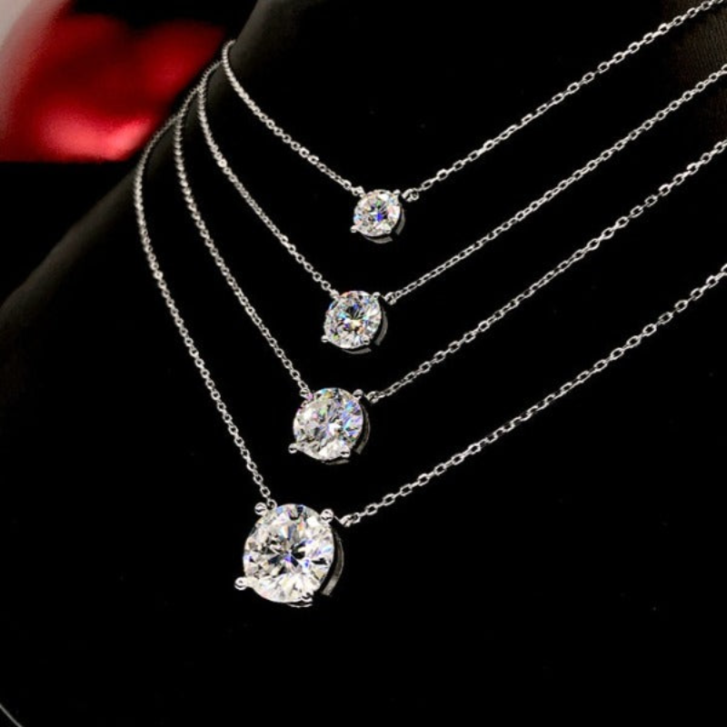 Moissanite Classic 4 Prong Round Cut Sterling Silver Pendant Necklace