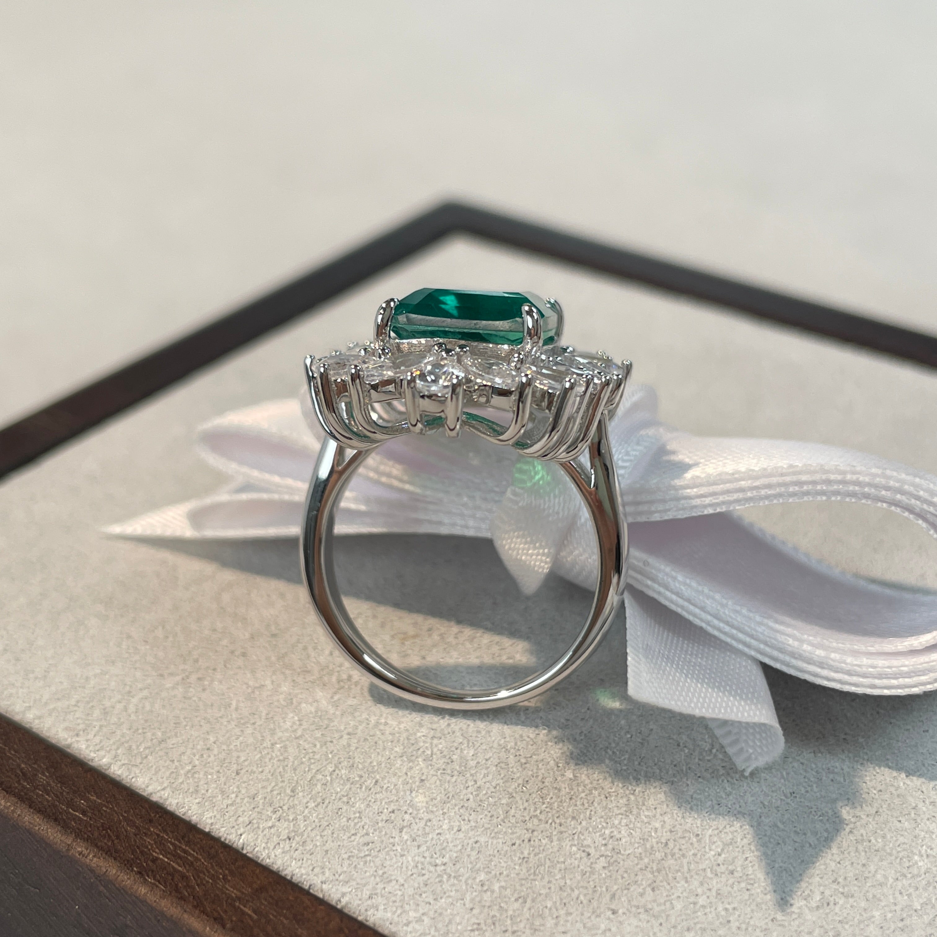 Emerald Green Halo Sterling Silver Engagement Ring