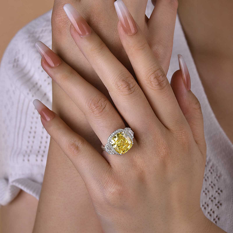 Halo Yellow Cushion Cut Three Stone Sterling Silver Engagement Ring
