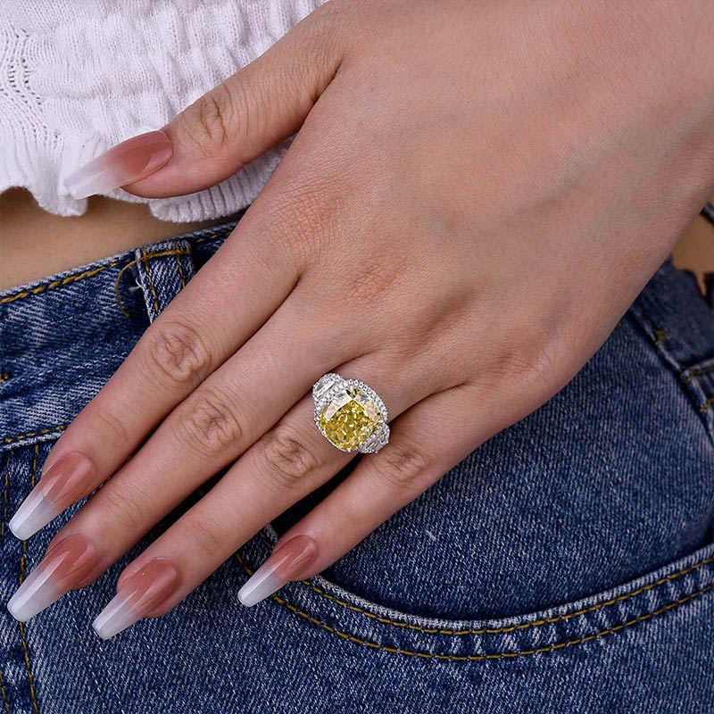 Halo Yellow Cushion Cut Three Stone Sterling Silver Engagement Ring