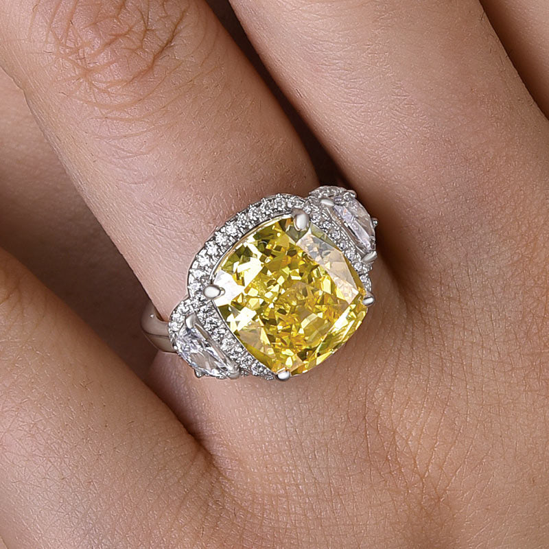 Halo Yellow Cushion Cut Three Stone Sterling Silver Engagement Ring