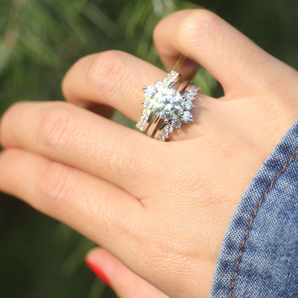 2 Pcs Round Cut Enhancer Wedding Bridal Set In Sterling Silver