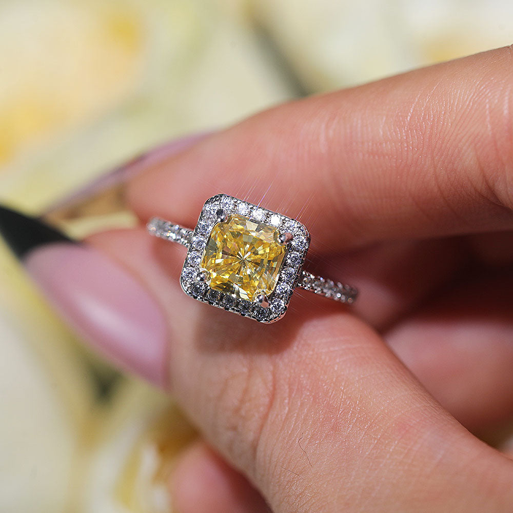 Vintage Cushion Cut Halo Design Yellow Sterling Silver Ring