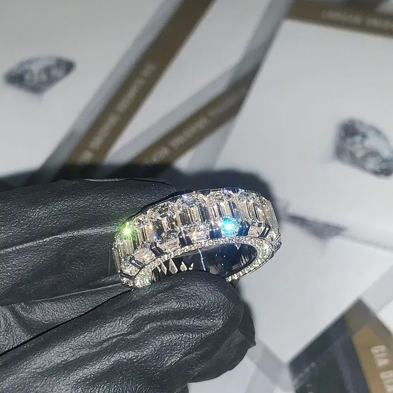 Men's 1ct Each Emerald Cut White Sapphire Eternity Paved Handmade Engagement Ring