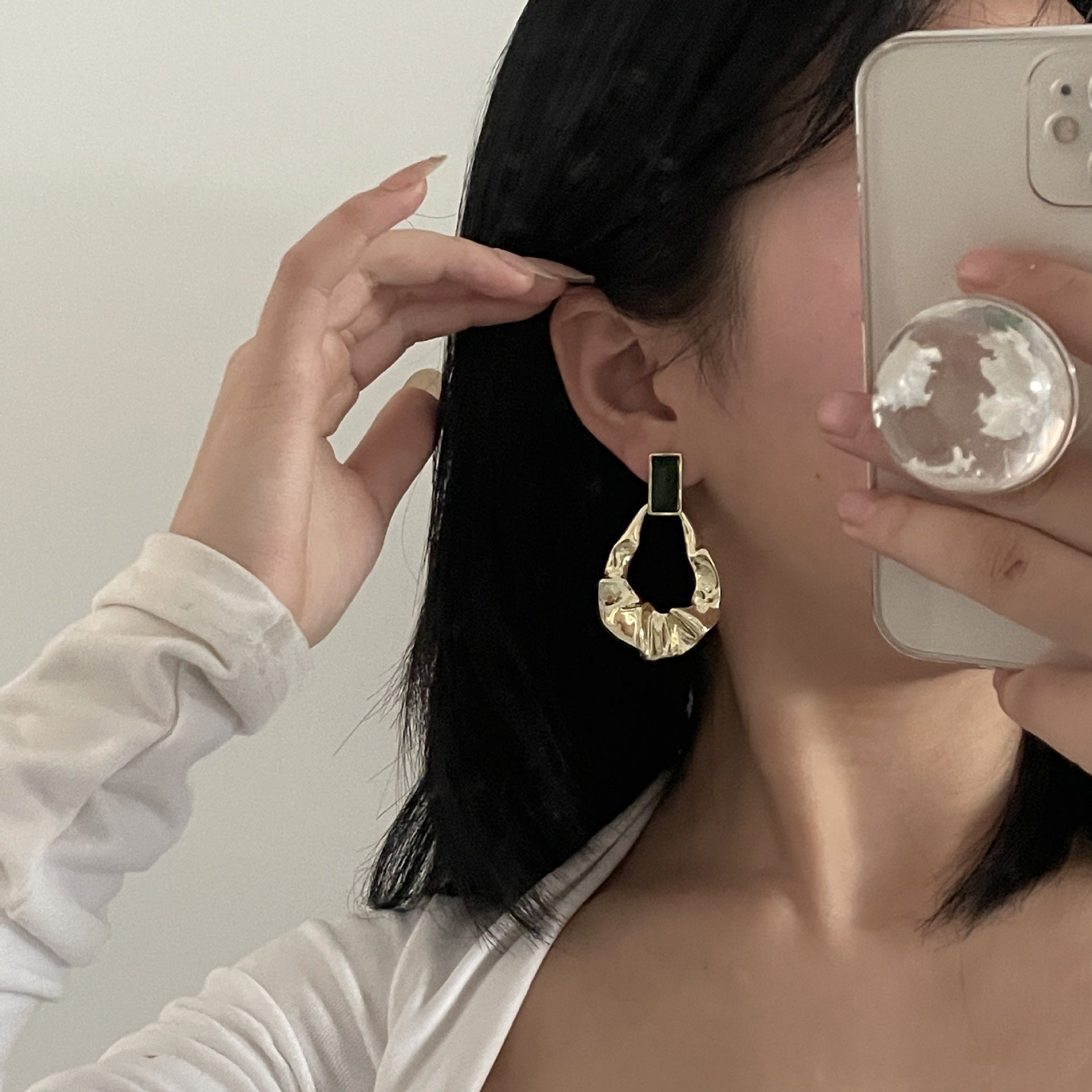 French Retro Golden Tone Wrinkled Geometric Design Earrings