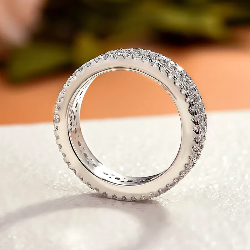 Stunning 3 Row Design Round Cut Sterling Silver Wedding Band