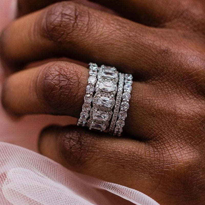 4PCS Cushion Cut Wedding Band Set In Sterling Silver