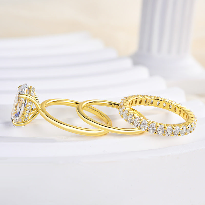 Luxurious 3PCS Golden Tone Oval Cut Sterling Silver Wedding Bridal Set