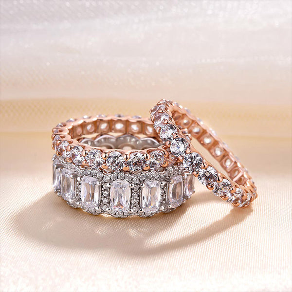 Stunning 3PCS Two Tone Cushion Cut Sterling Silver Wedding Band Set