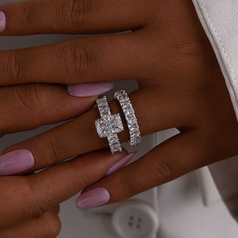 2Pcs Radiant Cut Sterling Silver Bridal Set with Eternity Band
