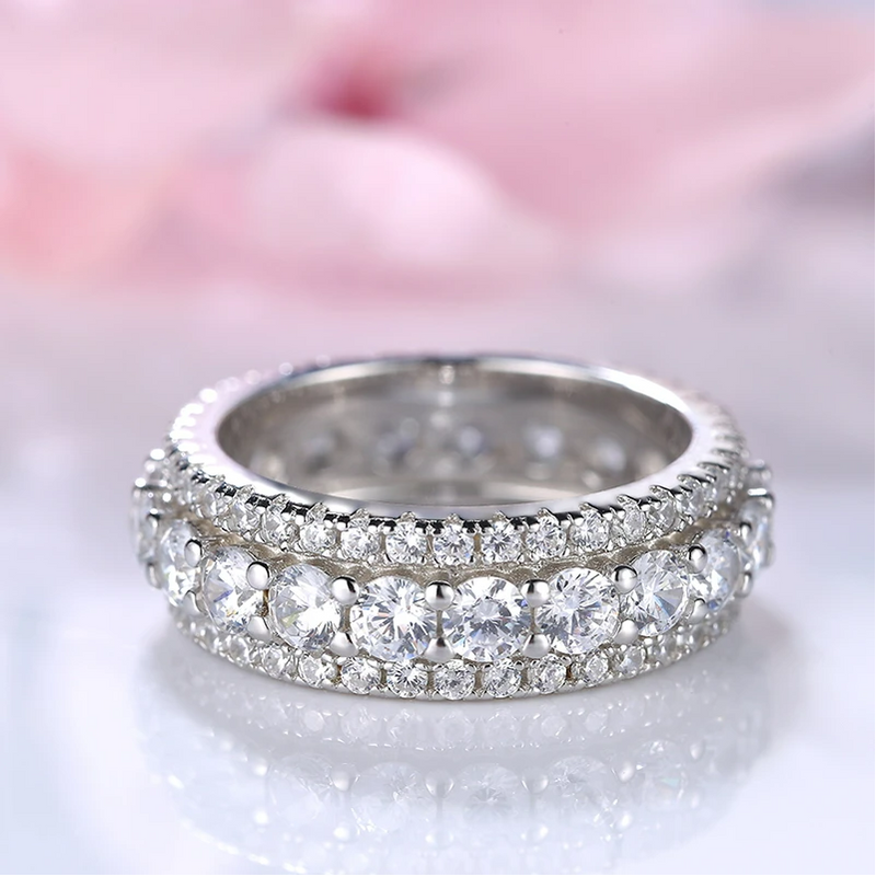 Eternity Round Cut Triple-Row Wedding Band In Sterling Silver