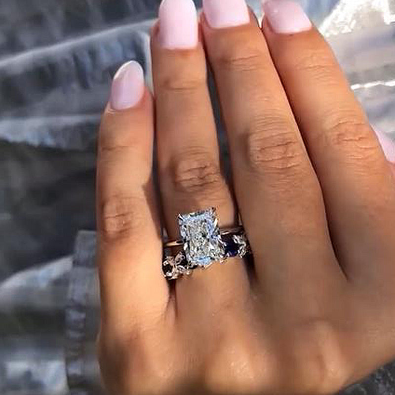 Dainty Radiant Cut Sterling Silver Bridal Set with Two Tone Band