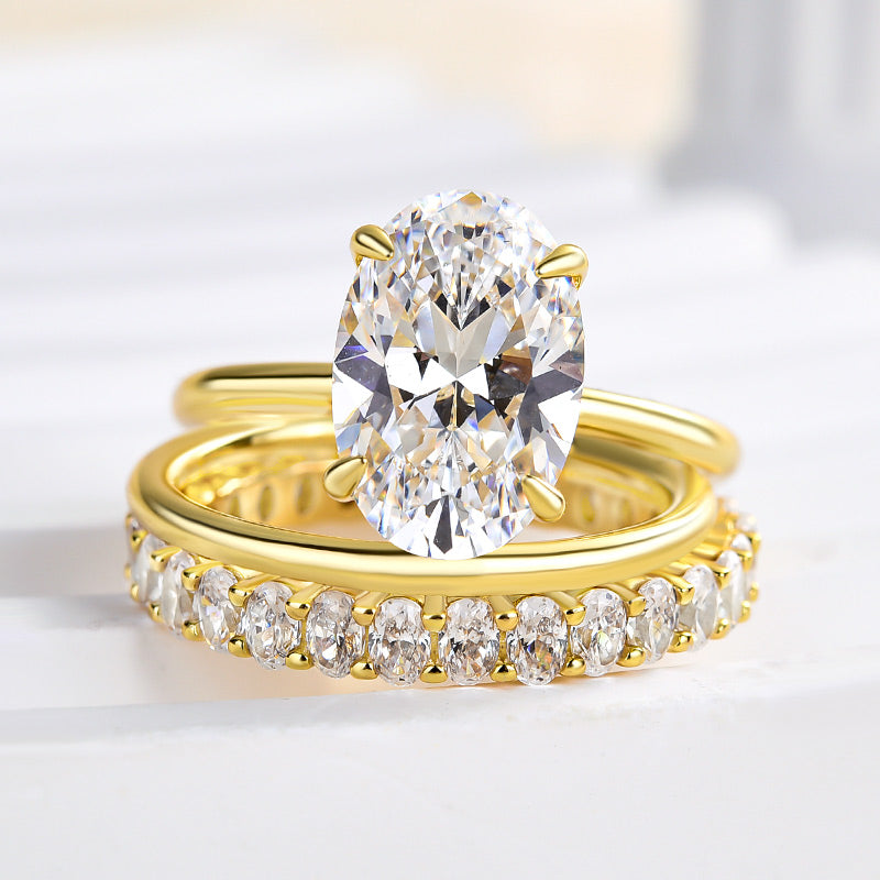 Luxurious 3PCS Golden Tone Oval Cut Sterling Silver Wedding Bridal Set