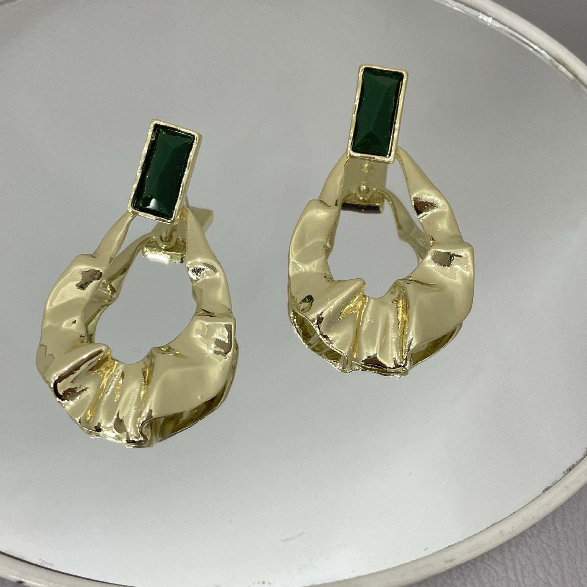 French Retro Golden Tone Wrinkled Geometric Design Earrings