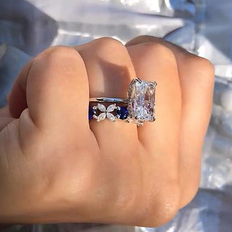 Dainty Radiant Cut Sterling Silver Bridal Set with Two Tone Band