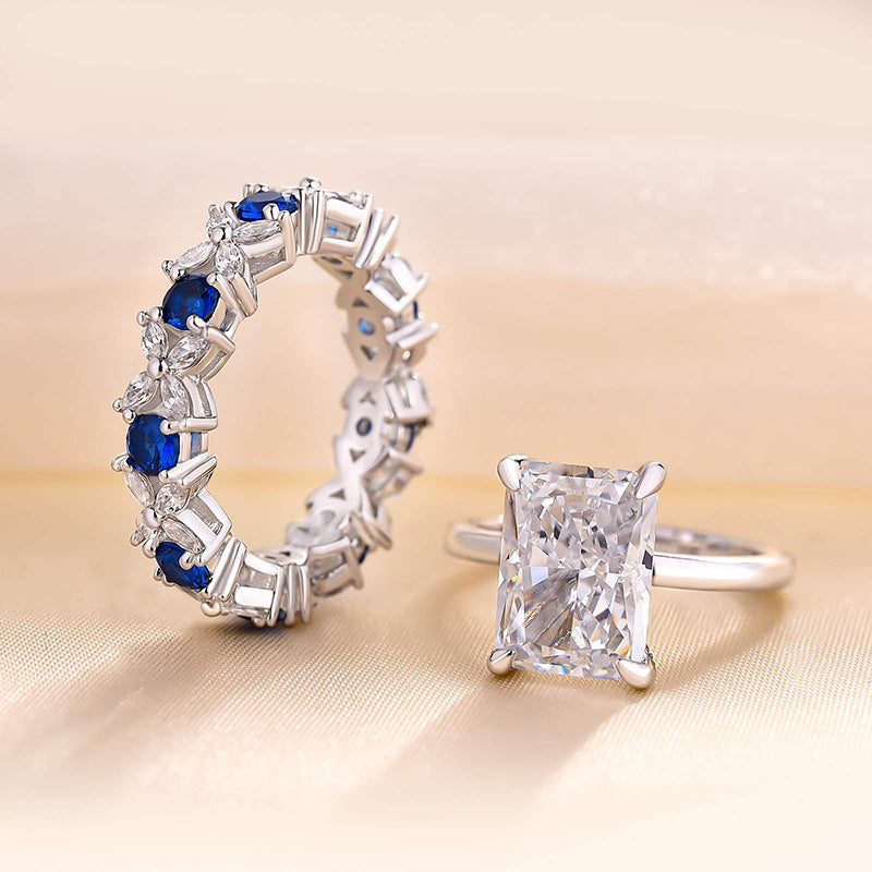 Dainty Radiant Cut Sterling Silver Bridal Set with Two Tone Band