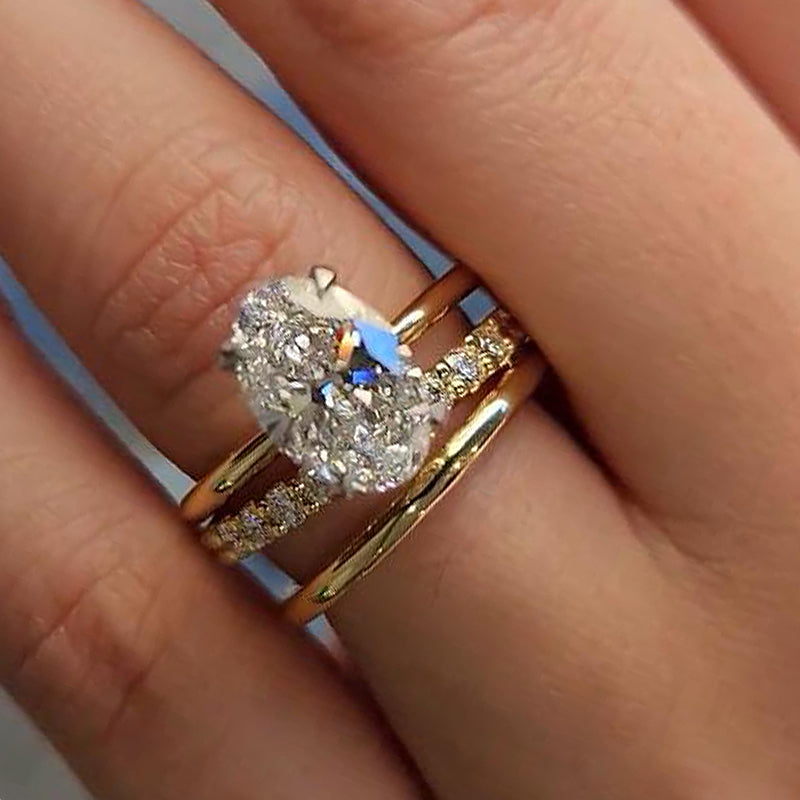 Luxurious 3PCS Golden Tone Oval Cut Sterling Silver Wedding Bridal Set