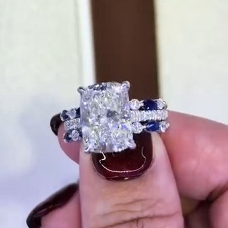 Vintage 2 PCS Blue Cushion Cut Sterling Silver Bridal Set