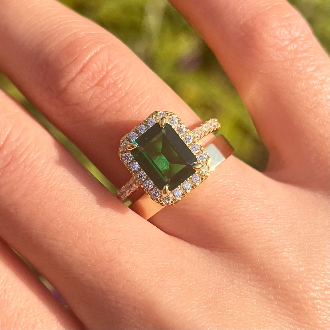 2 Pcs Green Emerald Cut Halo Design Bridal Sets In Golden Tone