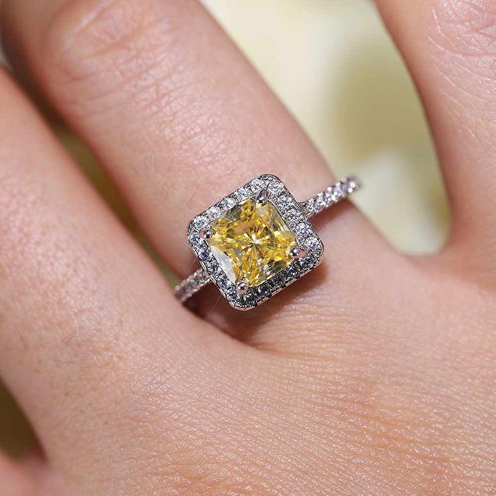 Vintage Cushion Cut Halo Design Yellow Sterling Silver Ring