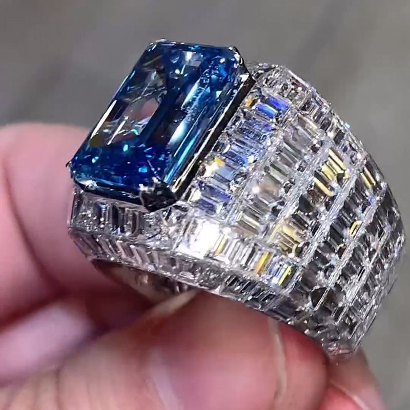Blue Sapphire Emerald Cut Luxury Men's Ring in Sterling Silver