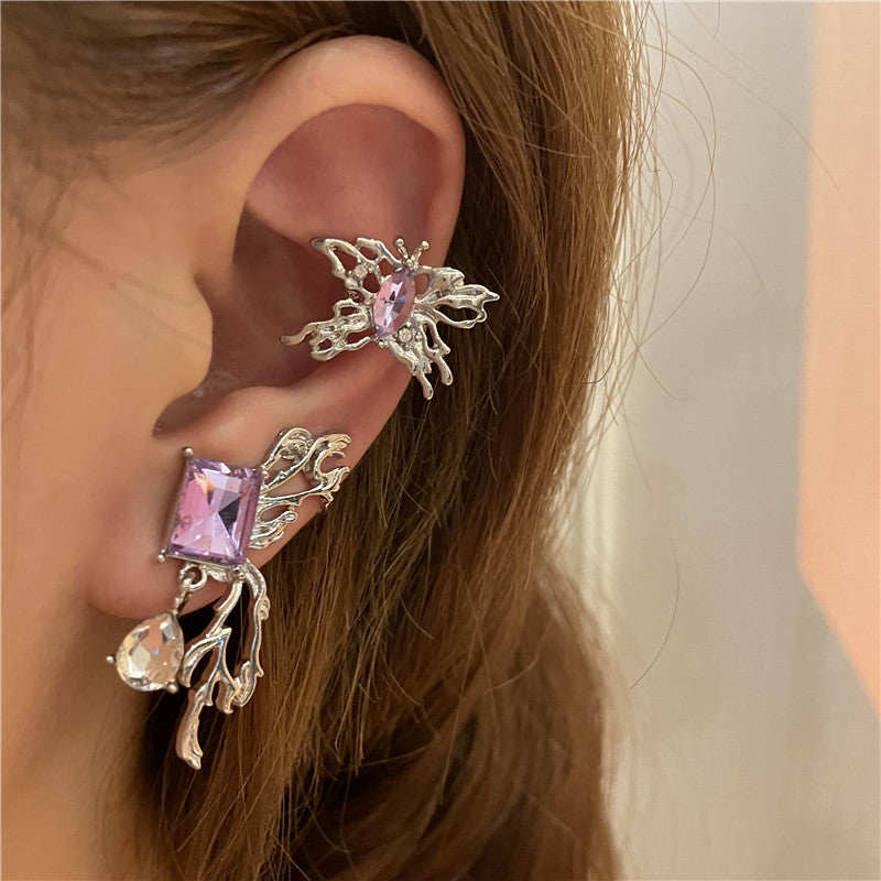 Retro Purple Rhinestones Butterfly Ear Clip & Stud Earrings(A Pair)