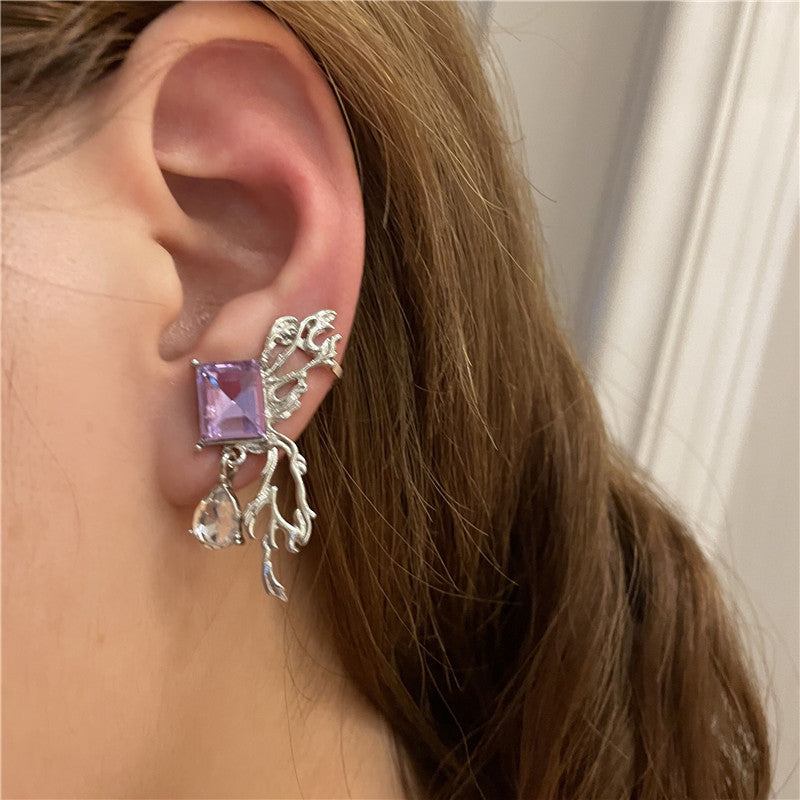 Retro Purple Rhinestones Butterfly Ear Clip & Stud Earrings(A Pair)