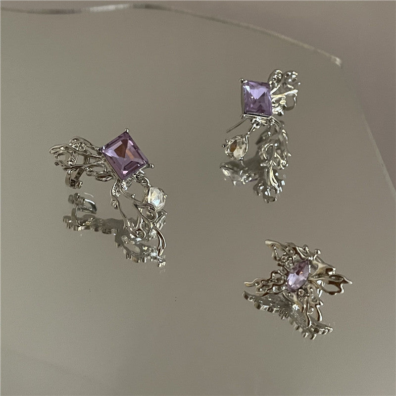 Retro Purple Rhinestones Butterfly Ear Clip & Stud Earrings(A Pair)