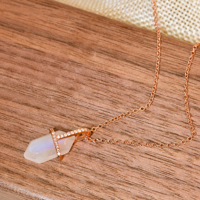Hexagonal Crystal Moon Stone Sterling Silver Necklace