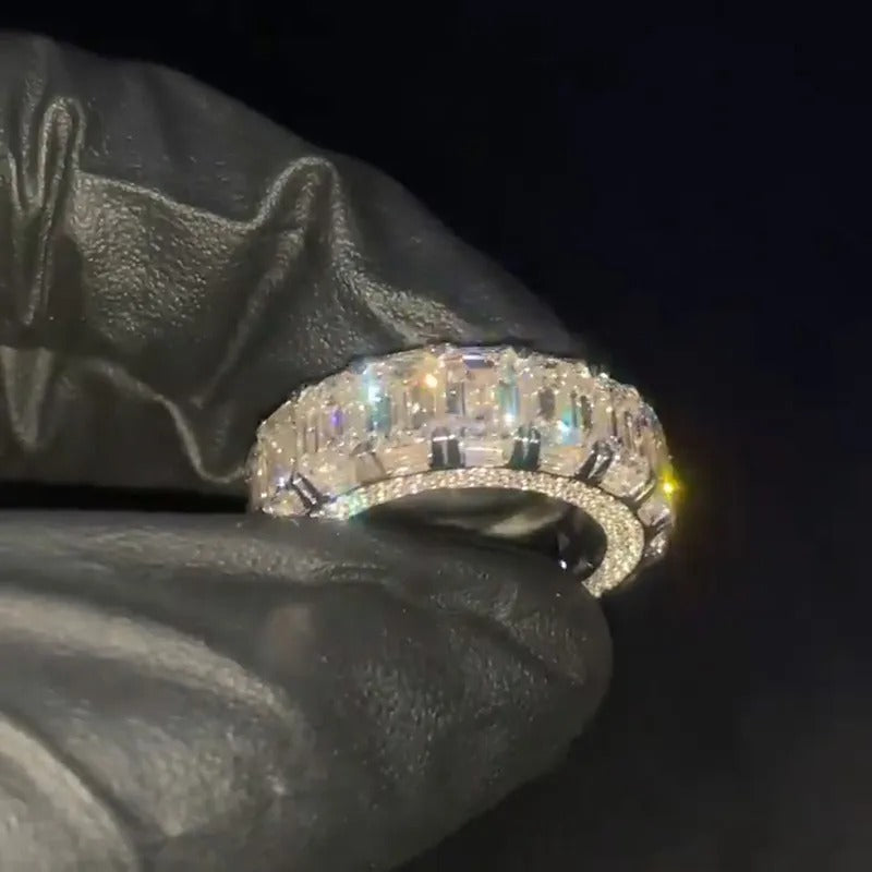 Men's 1ct Each Emerald Cut White Sapphire Eternity Paved Handmade Engagement Ring