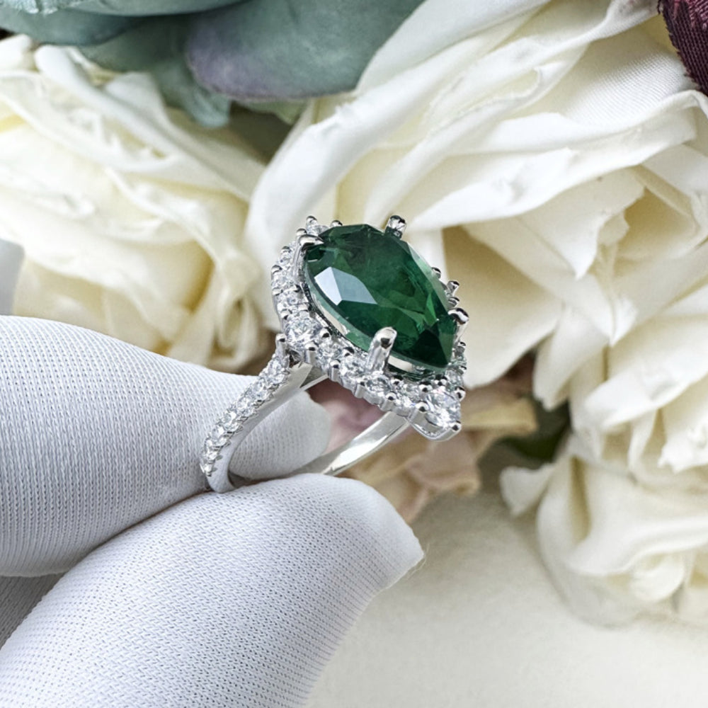 Unique 2.2ct Emerald Green Pear Cut Sterling Silver Engagement Ring