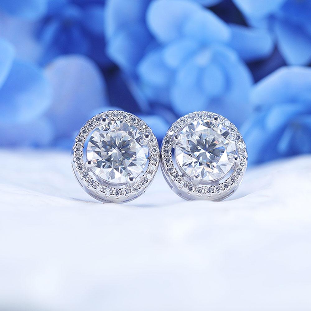 D Color Moissanite Round Cut Halo Design Sterling Silver Stud Earrings