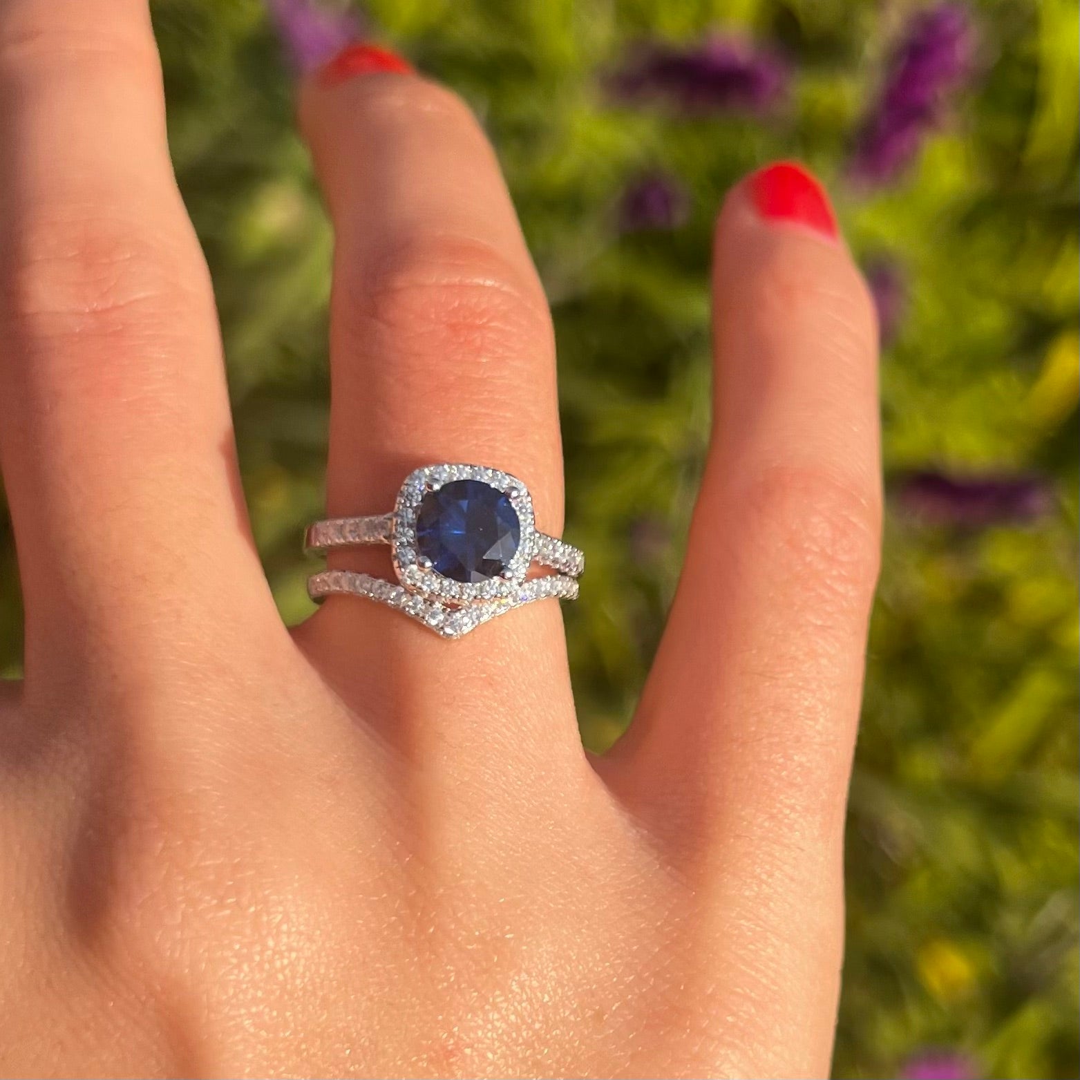 Royal Blue Cushion Cut Halo Bridal Set With V-Shape Band