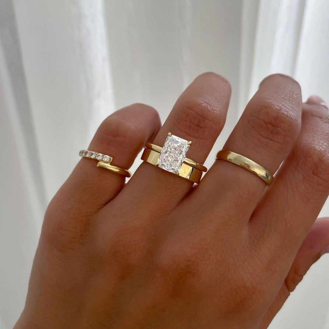 2PCS Golden Tone Hidden Halo Radiant Cut Plain Matching Band Bridal Set