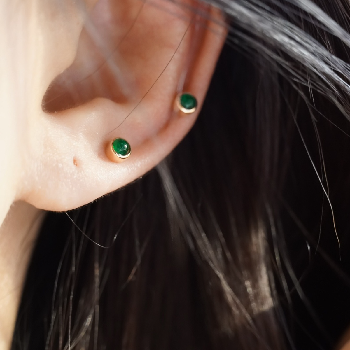 Vintage mini Golden Tone Green Stud Earrings in Sterling Silver