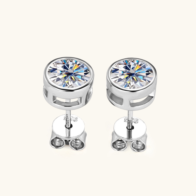 Moissanite Round Cut Bezel Stud Earrings In Sterling Silver