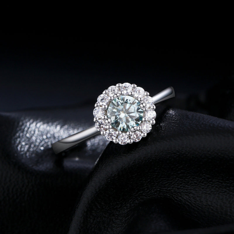 Halo 0.5CT Green Moissanite Silver Ring