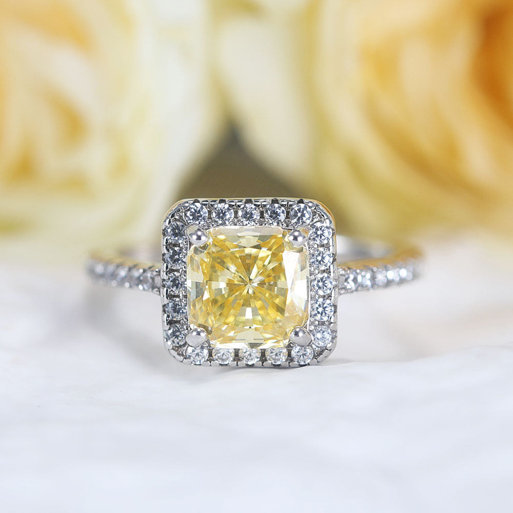 Vintage Cushion Cut Halo Design Yellow Sterling Silver Ring
