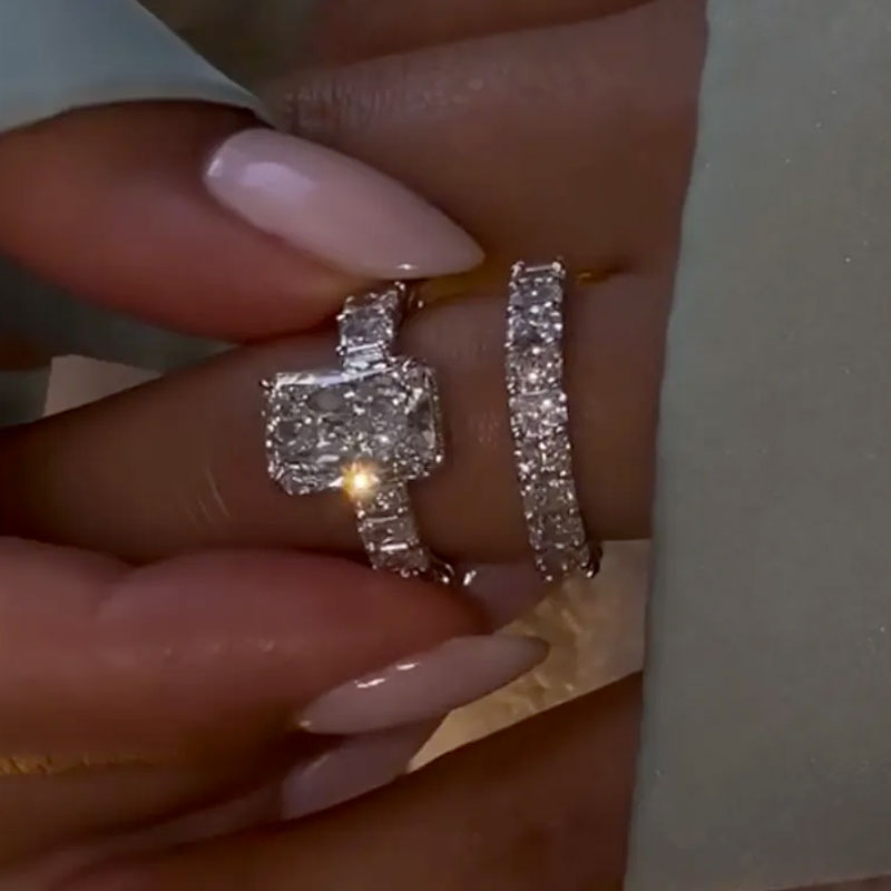 2Pcs Radiant Cut Sterling Silver Bridal Set with Eternity Band