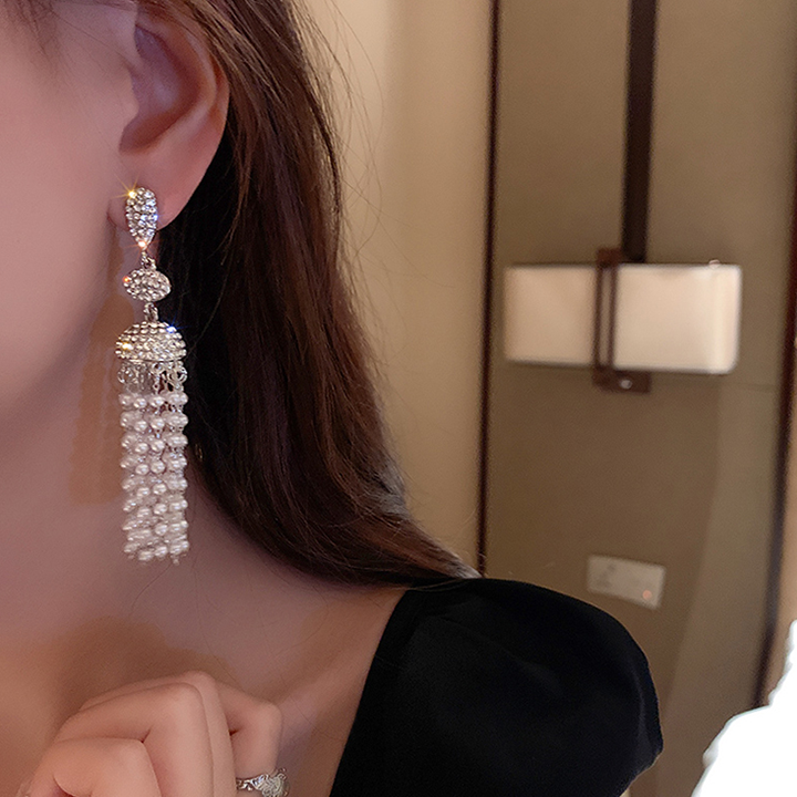 Rhinestones Paved Drop Earrings With Pearl Fringe