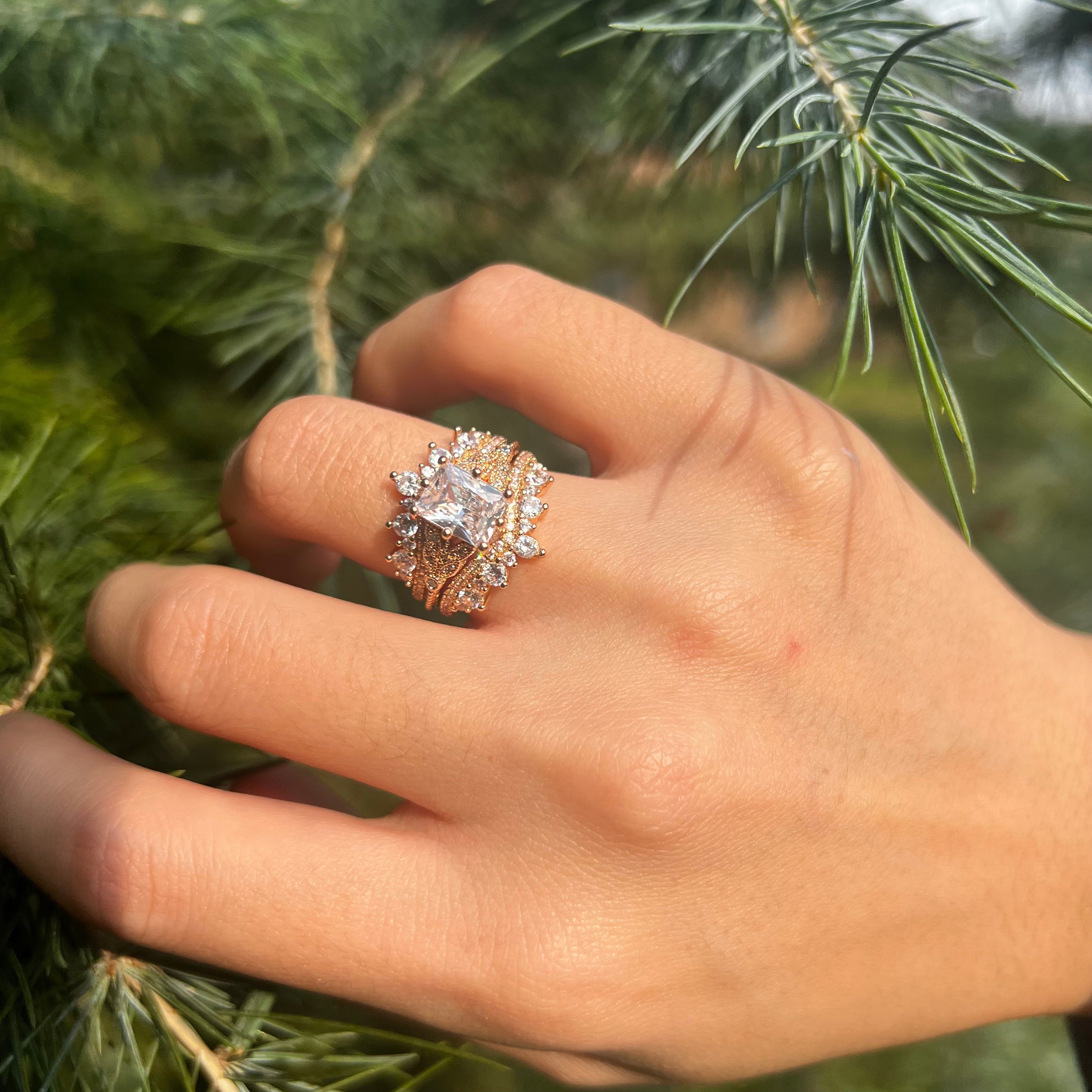 2 Pcs Radiant Cut Enhancer Rose Golden Tone Wedding Bridal Set