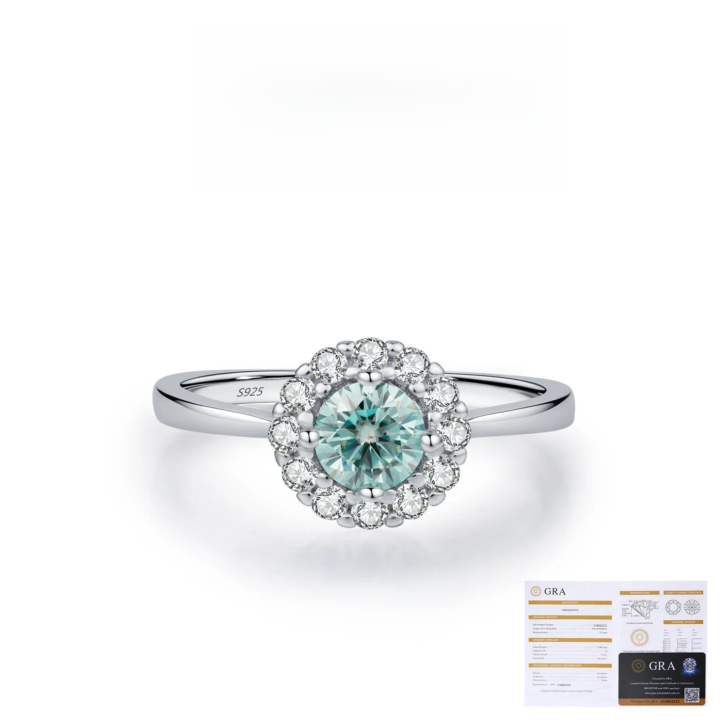 Halo 0.5CT Green Moissanite Silver Ring