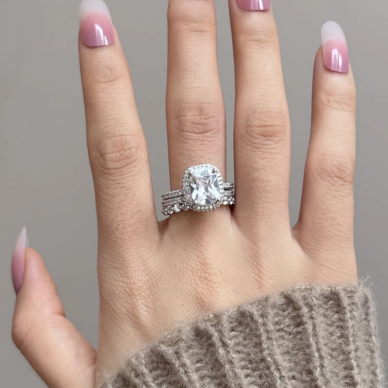 3Pcs Handmade Halo Cushion Cut Bridal Set In Sterling Silver
