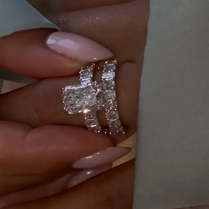 2Pcs Radiant Cut Sterling Silver Bridal Set with Eternity Band