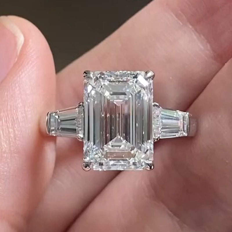 Classic Three Stone Emerald Cut Sterling Silver Engagement Ring