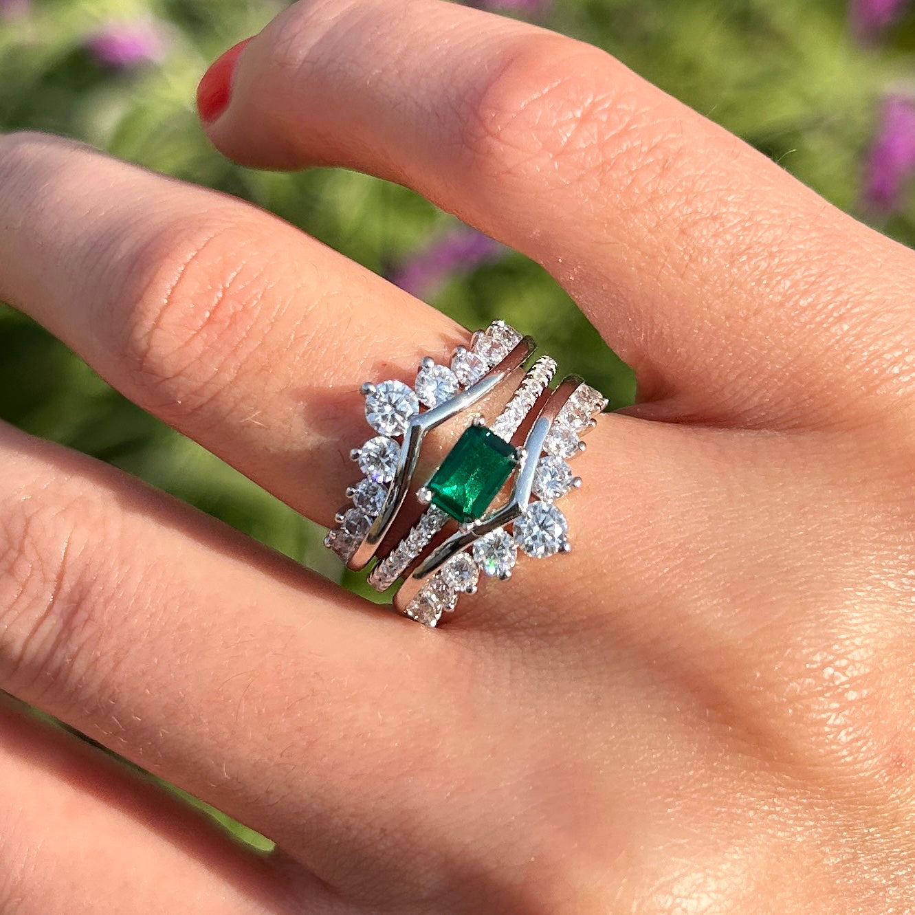 2 Pcs Green Emerald Cut Insert Bridal Sets In Sterling Silver